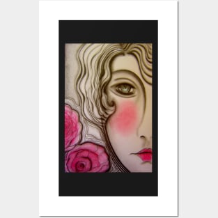 art deco pink lady girl doll dolly face rose pink grey Posters and Art